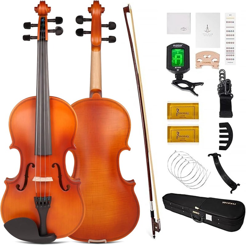 Phoenix Violin 4/4 Full Size Kit, Violin Fiddle Set for Beginner Adults with Rosewood Bow, Extra Strings & Bridge, 2 Rosins, Tuner, Case, Mute, Fingerboard Stickers, Shoulder Rest(Golden Matte) - Image 1